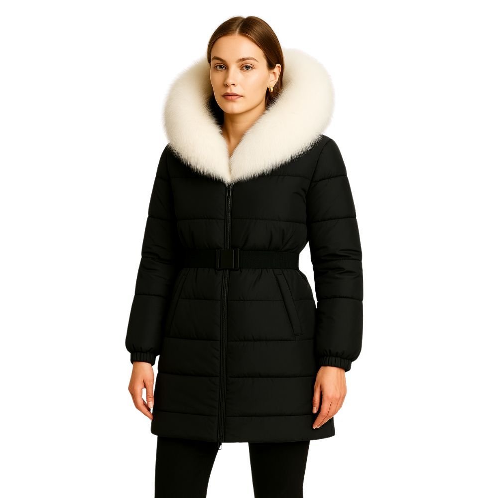 Model wearing Kouvr Fashion belted down puffer coat with oversized white fox fur hood