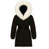 "Kouvr Fashion women's knee-length black belted Zoey puffer coat with oversized natural fox fur trimmed hood.