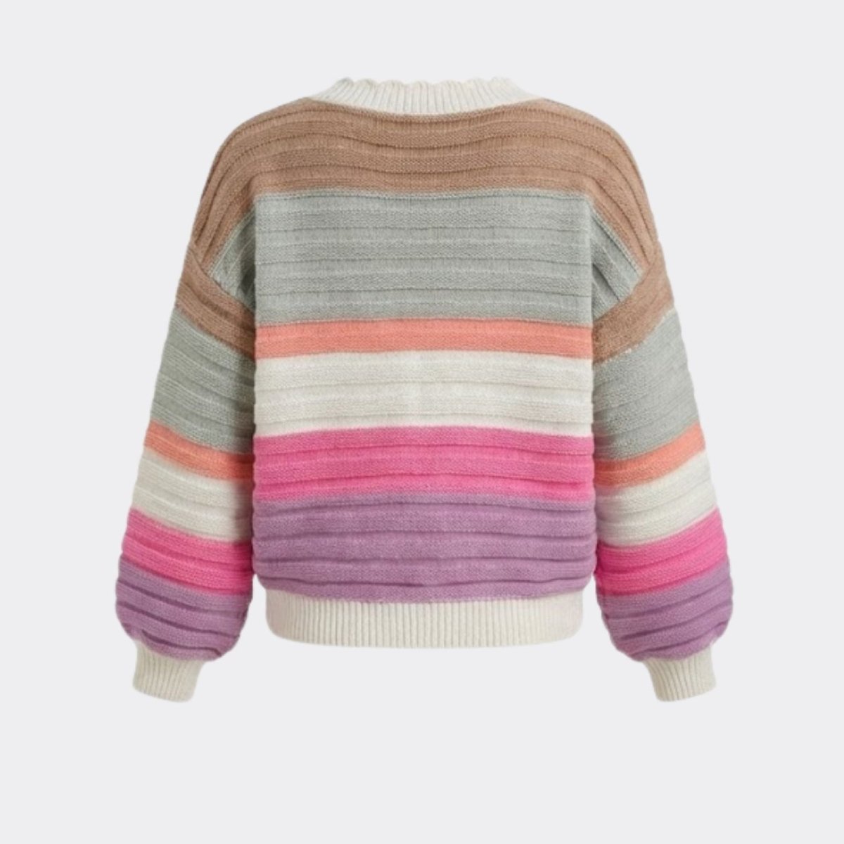 Flatlay of the back of the Kouvr Fern cardigan, displaying the full horizontal multi-color stripe pattern.