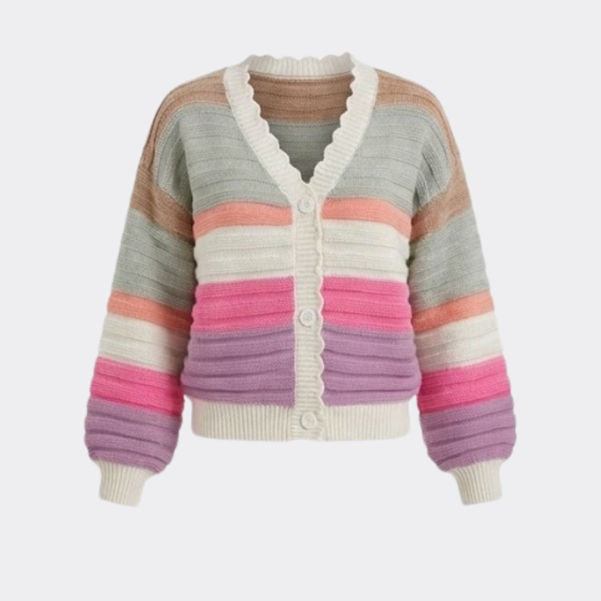 Flatlay product shot of the Kouvr Fern multicolor striped cardigan showing the scalloped v-neck detail and button front.
