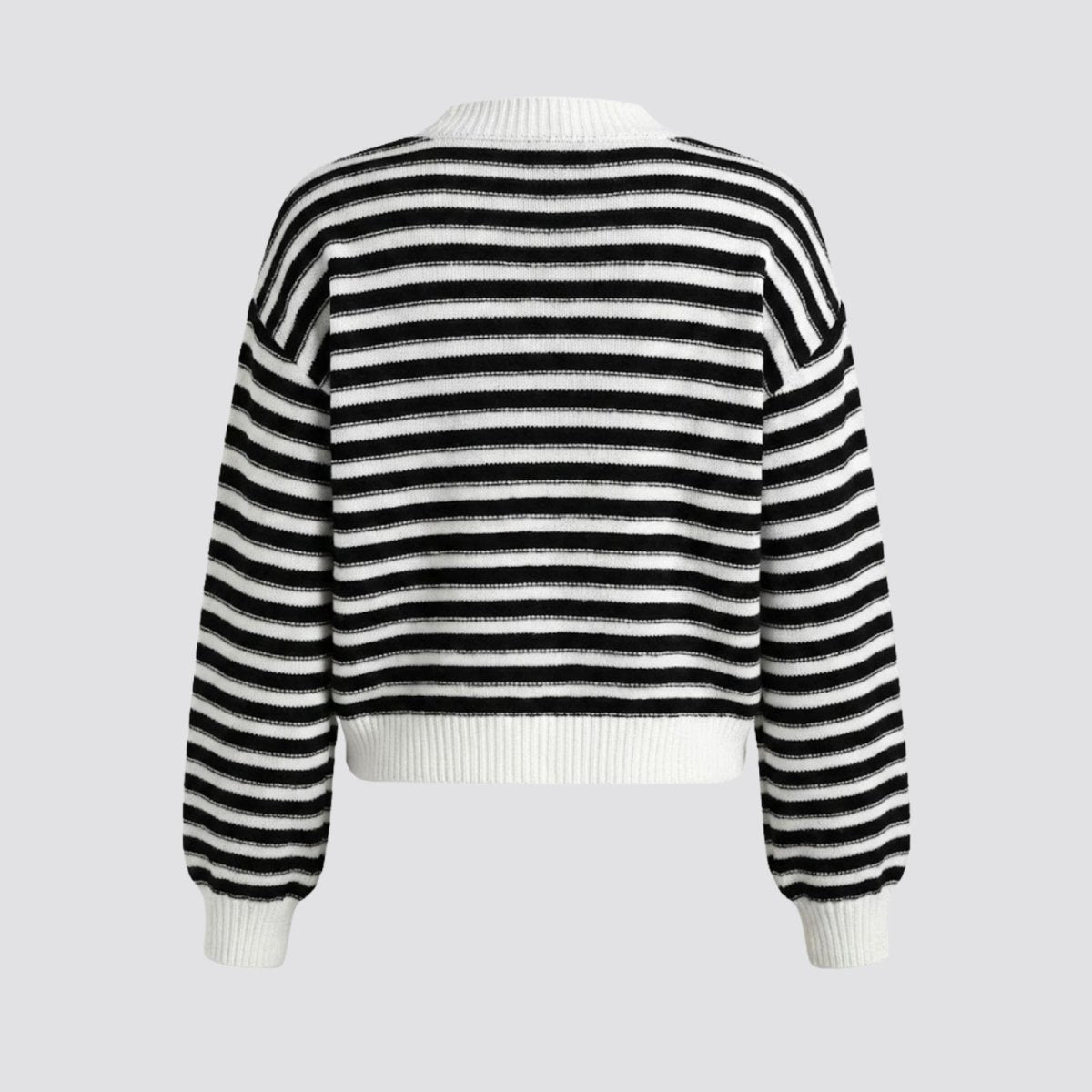 Flat lay image of the back of the Kouvr Fern stripe cardigan showing the clean horizontal lines and knit texture.