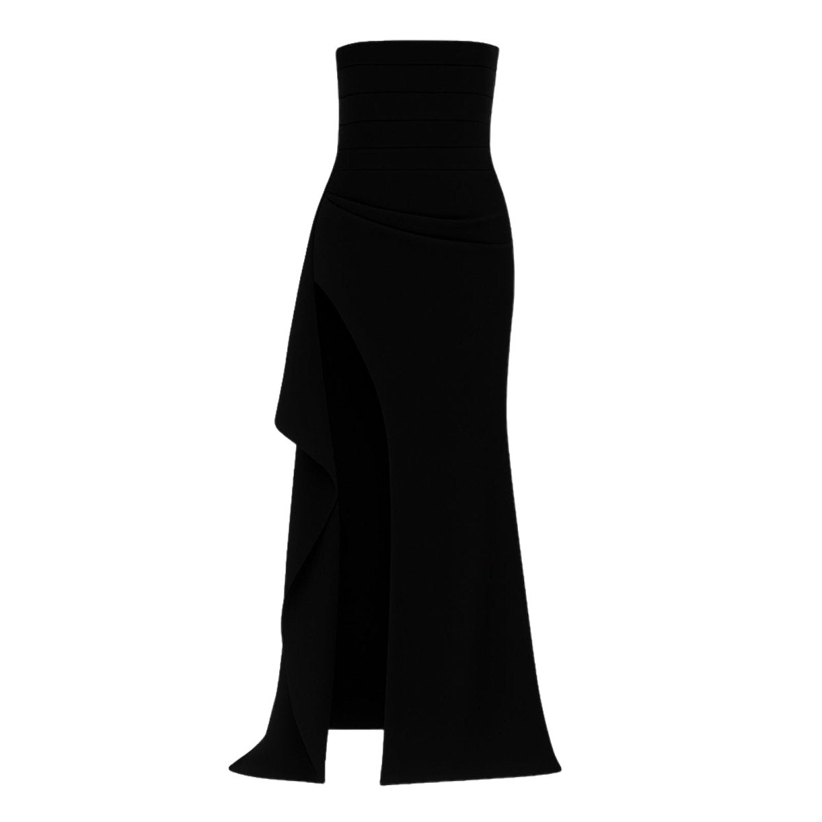 Black kouvr  strapless gown with a draped design on a white background