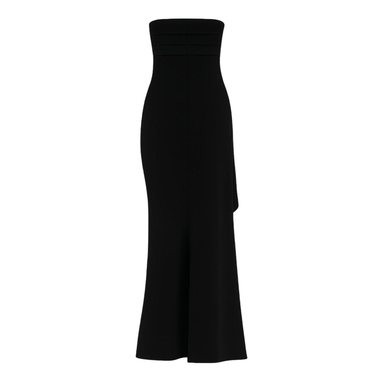 Black kouvr strapless dress on a white background