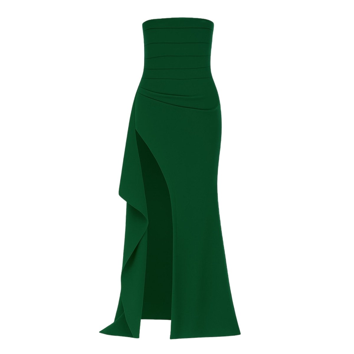 Green kouvr strapless gown with a slit on a white background