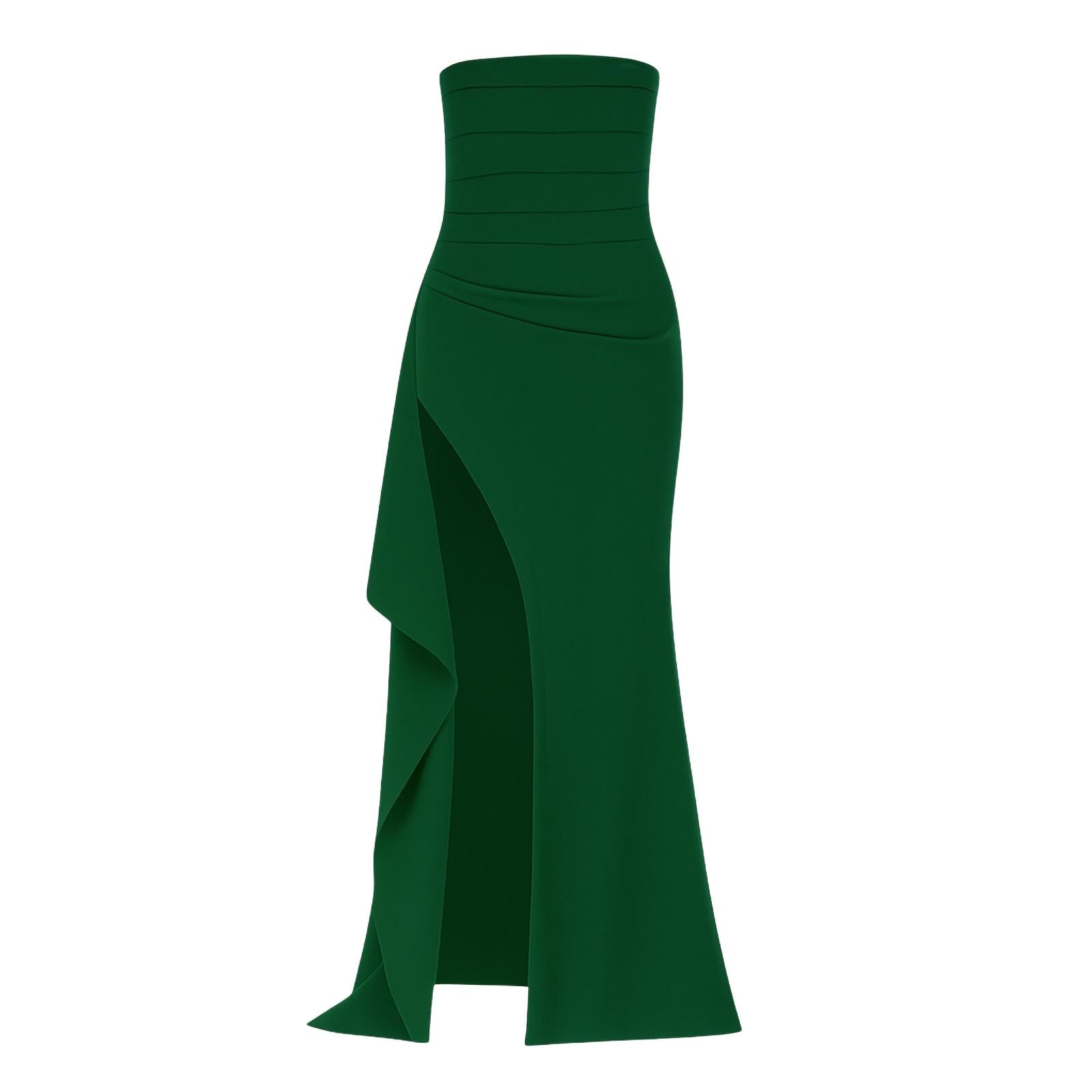 Flat lay studio shot of the Kouvr green strapless gown highlighting the ruched bodice and fabric texture.