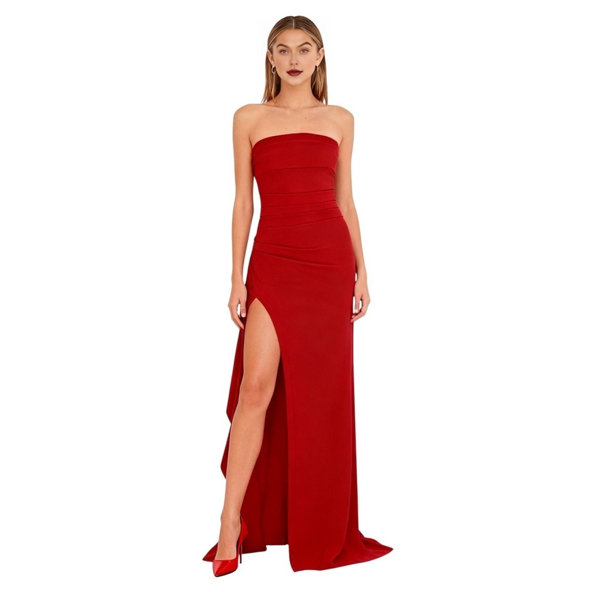 Red kouvr strapless gown with a high slit on a white background