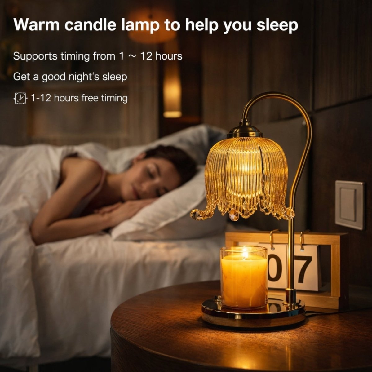 Woman sleeping peacefully next to the Kouvr candle warmer lamp, highlighting the 1-12 hour safety timer and flameless operation.
