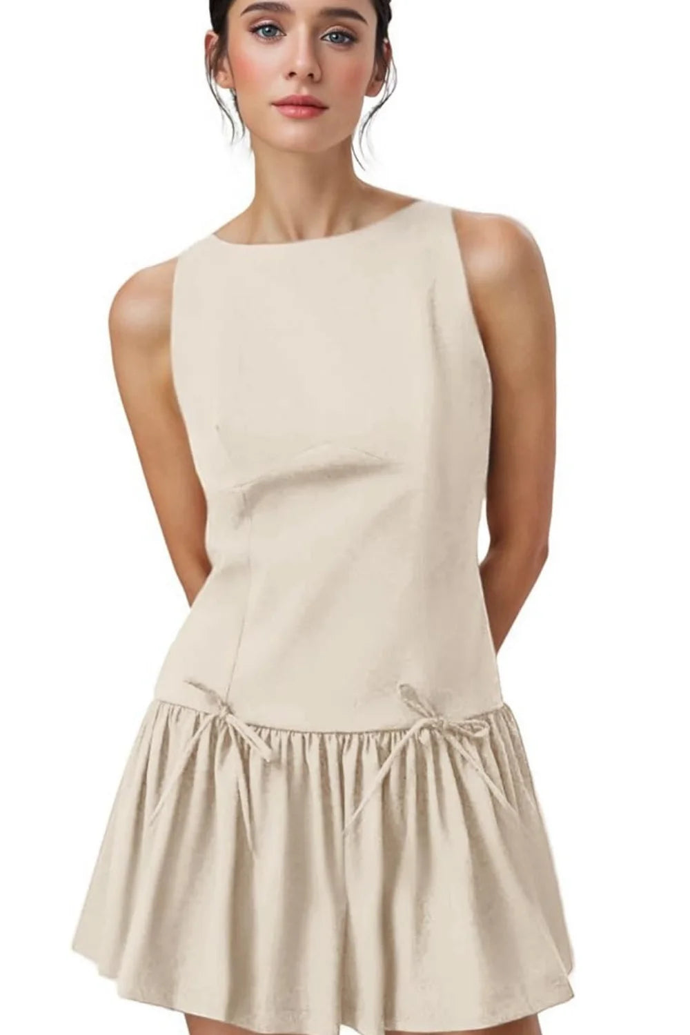 sculptural silhouette," "architectural design," "structured bodice," "boat neck," "minimalist aesthetic," "summer event wear," "vacation dress," "day-to-night outfit," "gathered skirt," "drawstring waist detail