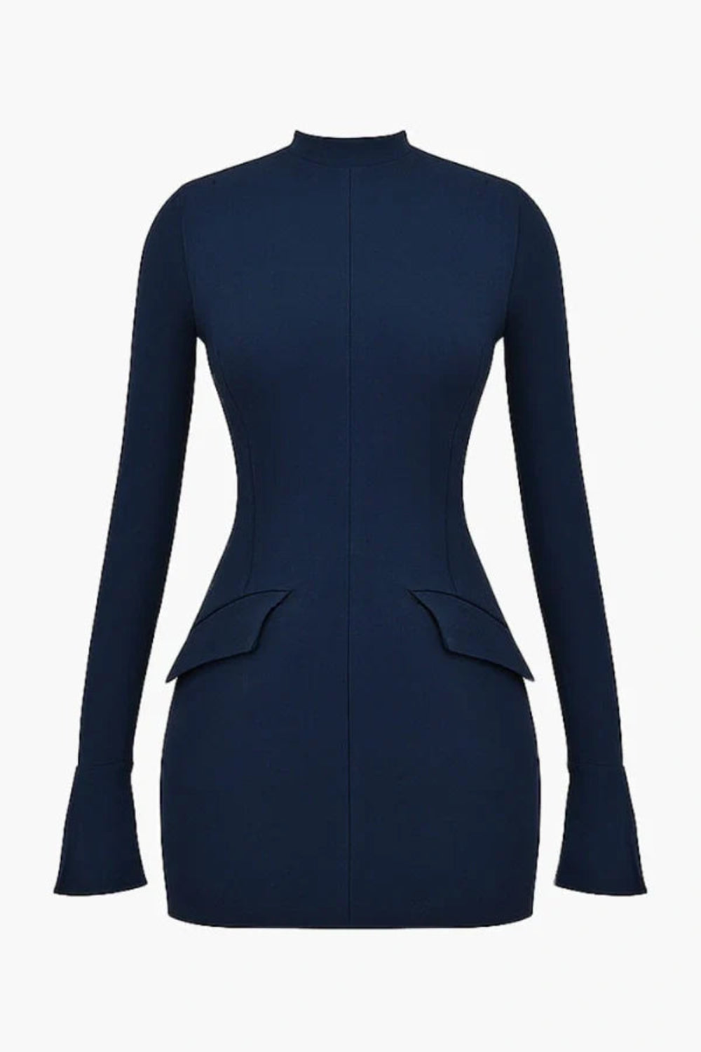 Model wearing the Kouvr Florie long sleeve navy blue mock neck mini dress
