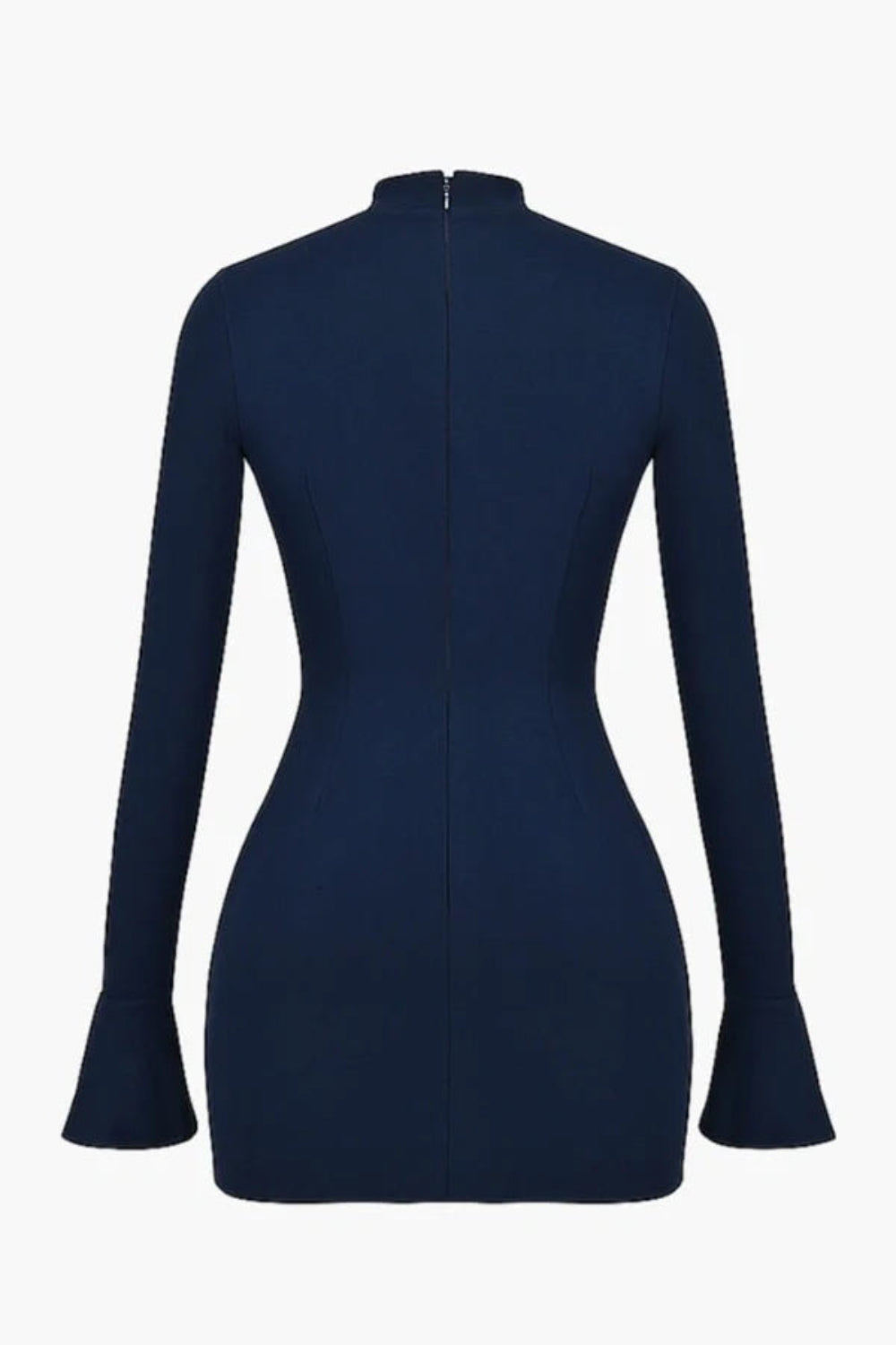 Model wearing the Kouvr Florie long sleeve navy blue mock neck mini dress