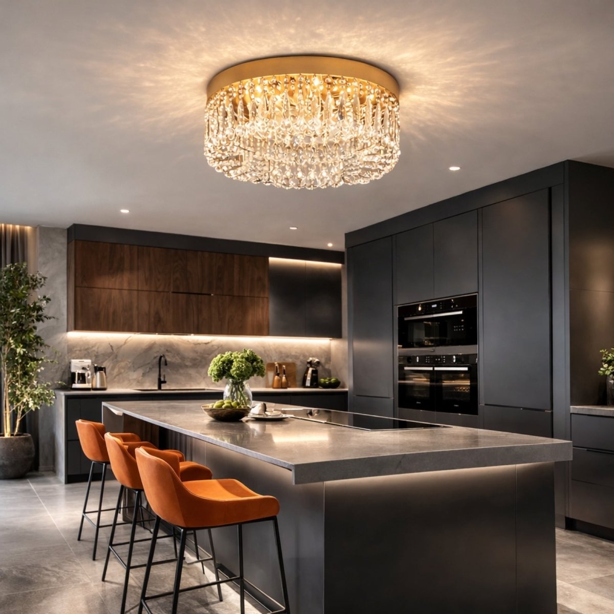 Modern glam flush mount chandelier installed over a dark grey kitchen island, showcasing 3-color temperature lighting options.