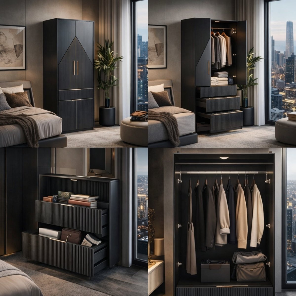 Close up detail of the geometric fluted wood grain texture in black finish and the minimalist gold vertical handle on the Kouvr armoire.