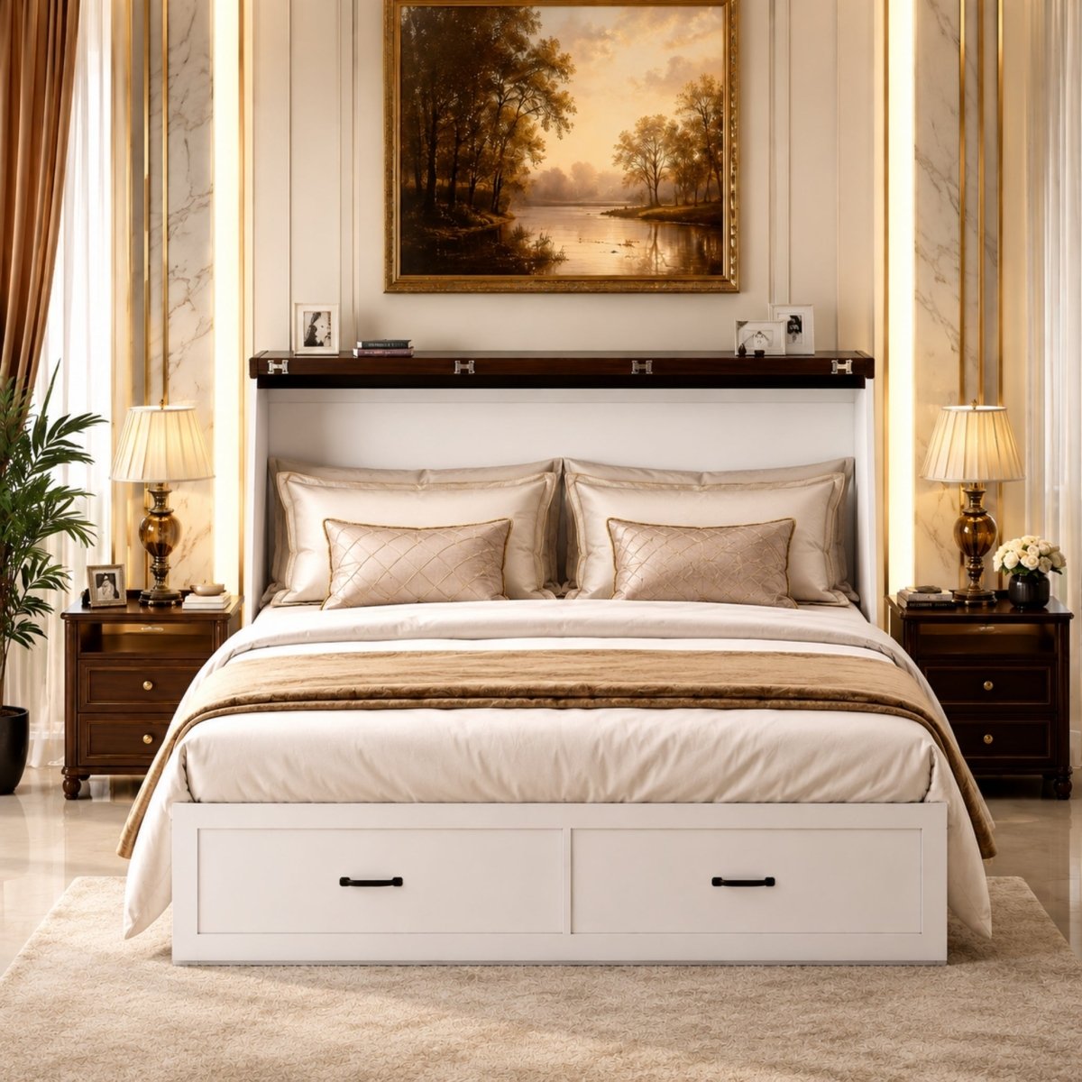 Front view of the Kouvr white fold out guest bed showing pulled out storage drawers for blankets and pillows.