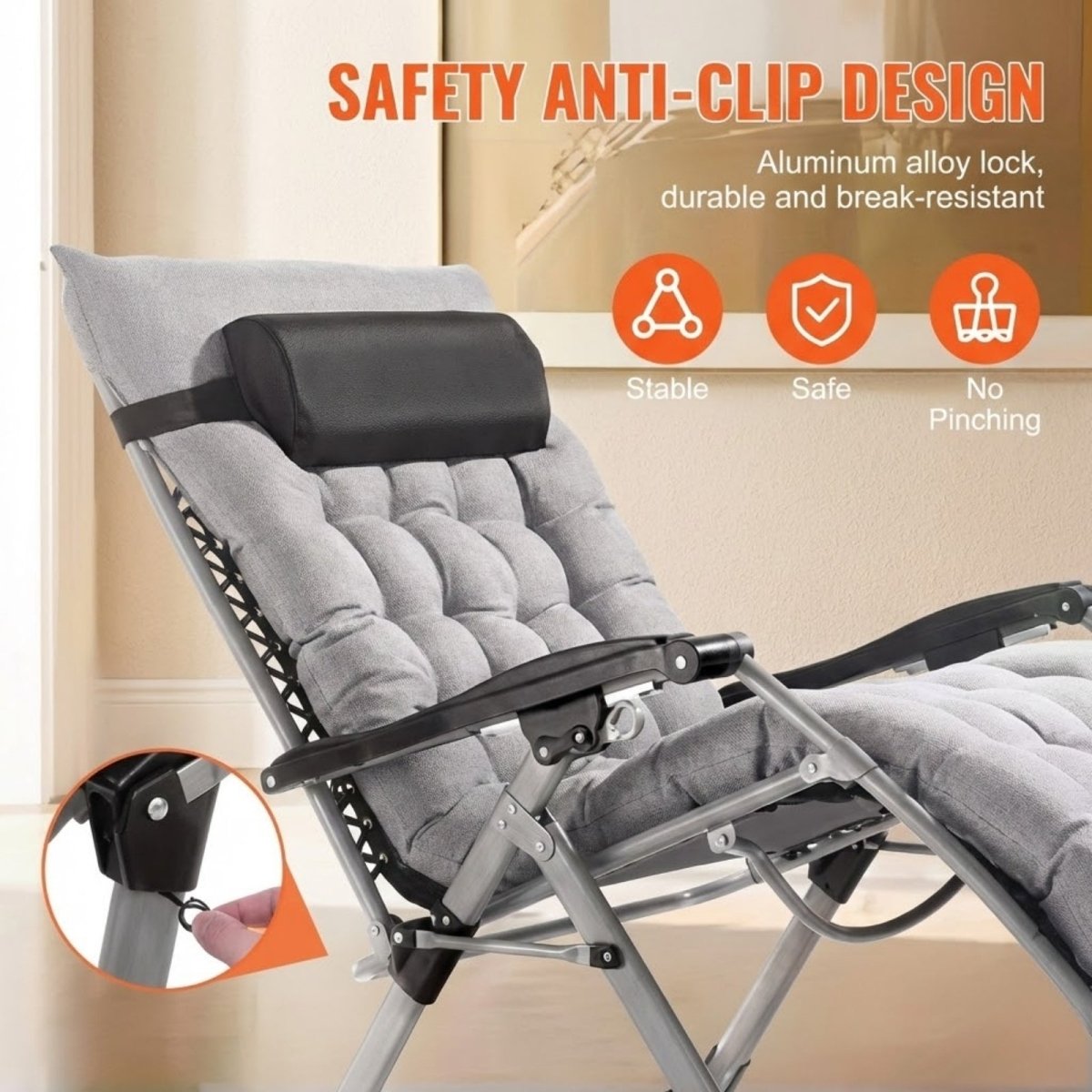 Kouvr zero gravity lounge chair with detailed product dimensions for vertical, flat, and folded positions, showing a weight capacity of 500 lbs.
