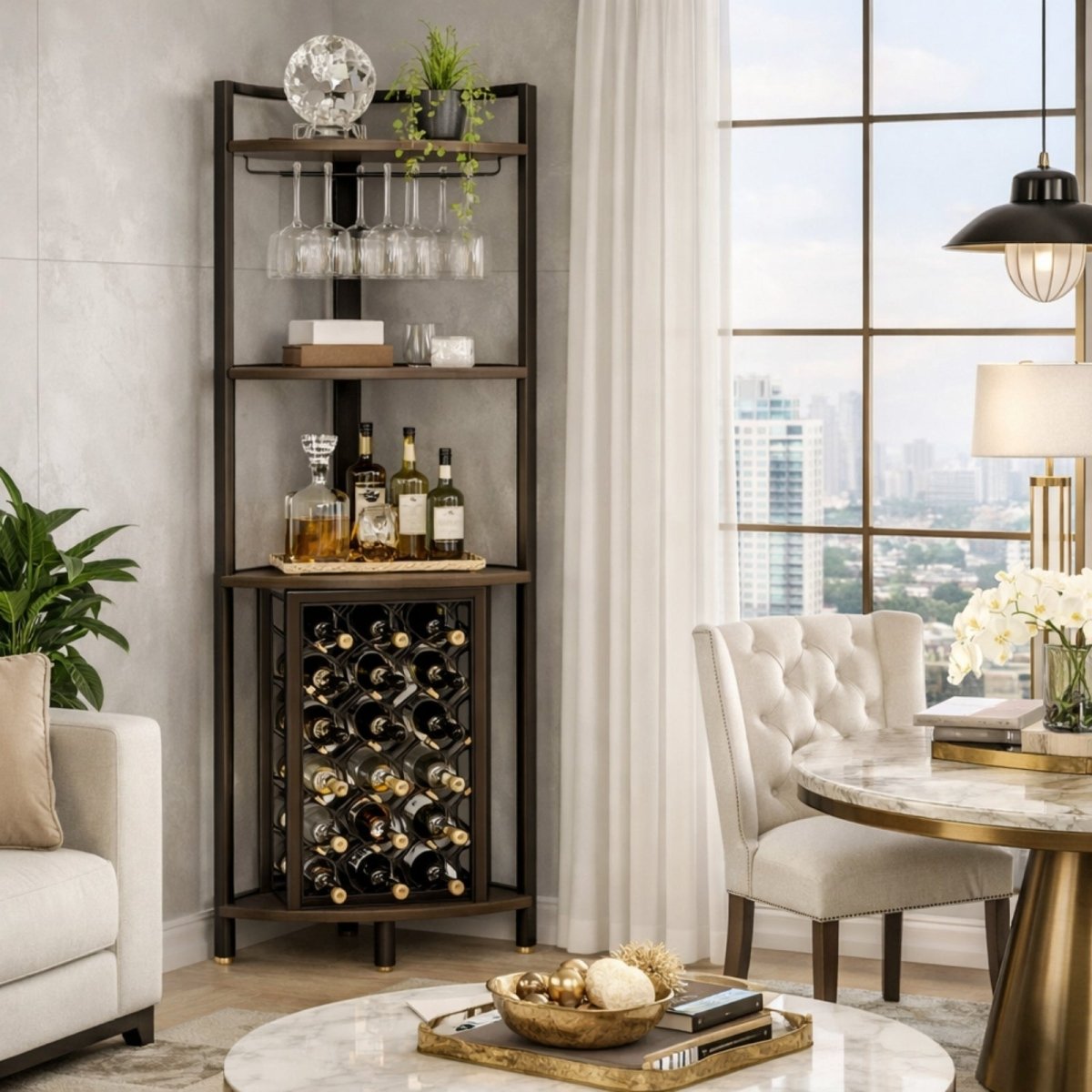 Kouvr 5-tier corner bar unit positioned next to a large window in a bright, contemporary apartment, displaying its elegant profile.