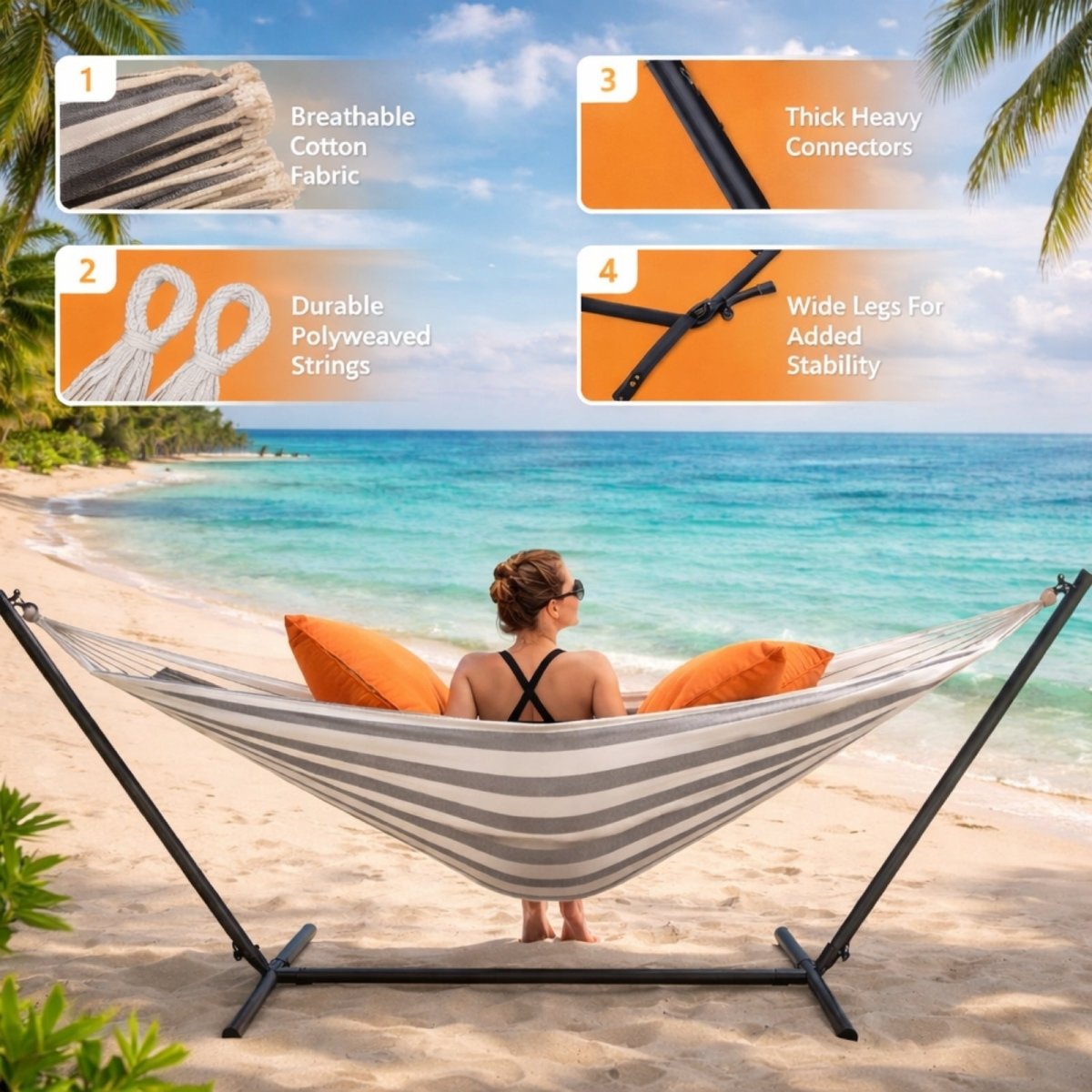 A smiling couple sits together in a Kouvr grey striped freestanding hammock in a green camping area, with their children playing in the background.