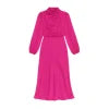 Back view of the Kouvr fuchsia satin midi dress showing the draped back and A-line skirt