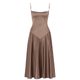 Kouvr Gabriella Gown in Mocha: a brown satin corset maxi dress with a lace-up back, worn by a model.