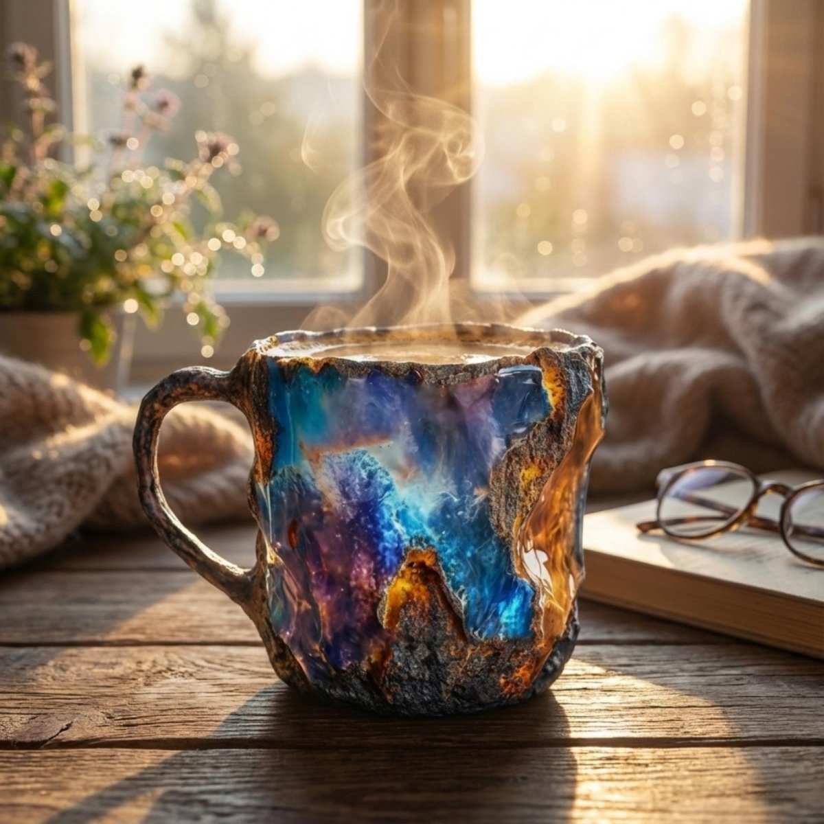 The unique Kouvr galaxy geode mug steaming on a rustic wooden table by a sunny window with a book and glasses, creating a cozy morning scene.