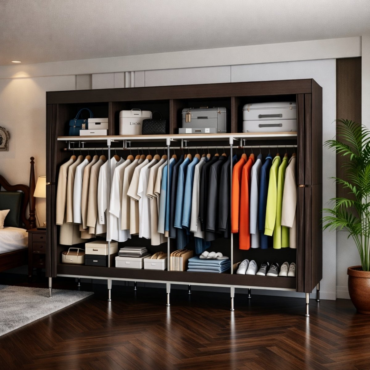 Close up of thickened galvanized steel pipes and reinforced white PP connectors showing the heavy-duty construction of the wardrobe frame.
