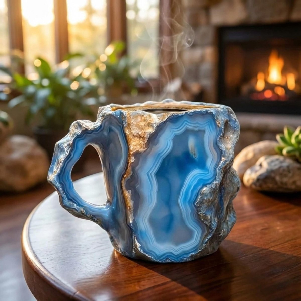 The Kouvr blue agate geode coffee mug steaming gently on a wooden table in a cozy living room with a lit fireplace in the background.