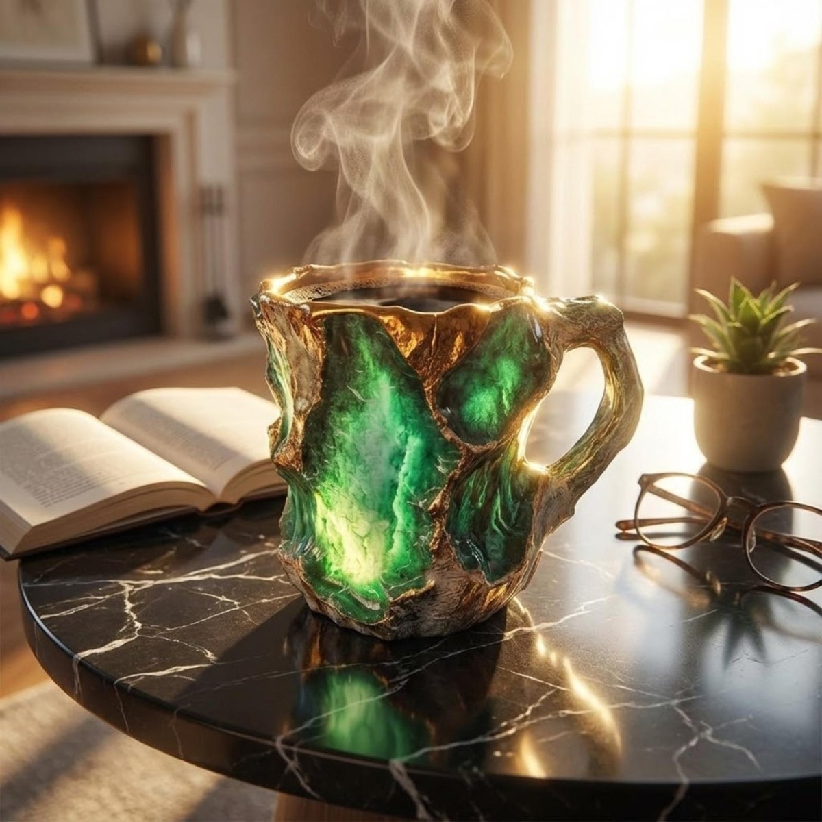 The Kouvr emerald geode mug glowing on a black marble coffee table with a book and glasses, in front of a cozy, warm fireplace.