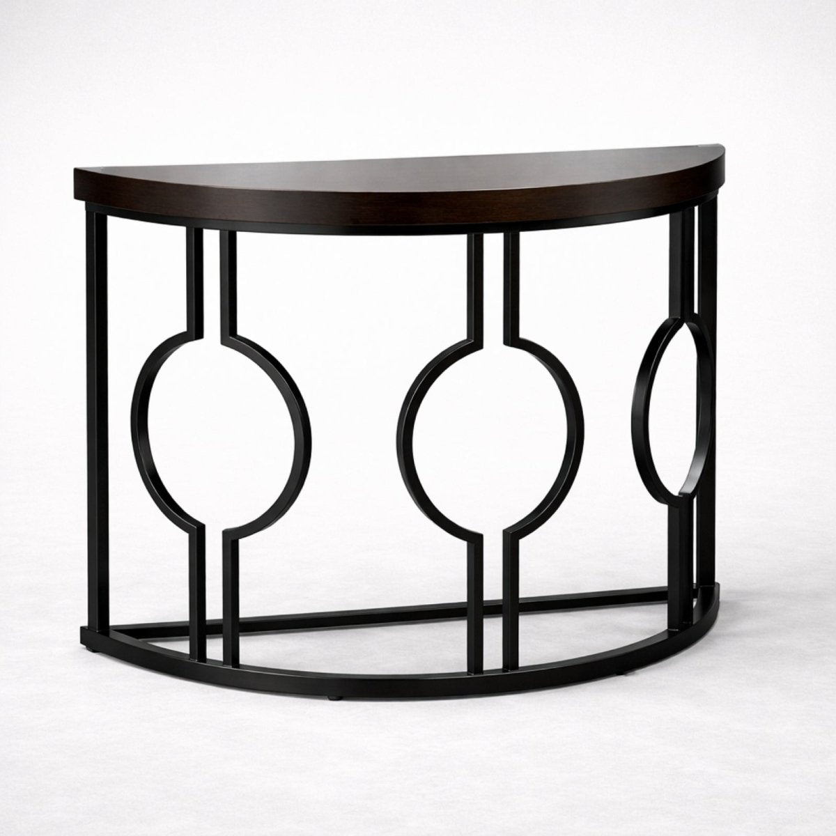 Isolated view of the Kouvr geometric half moon table showing the triple circle leg design and curved front profile on a white background.