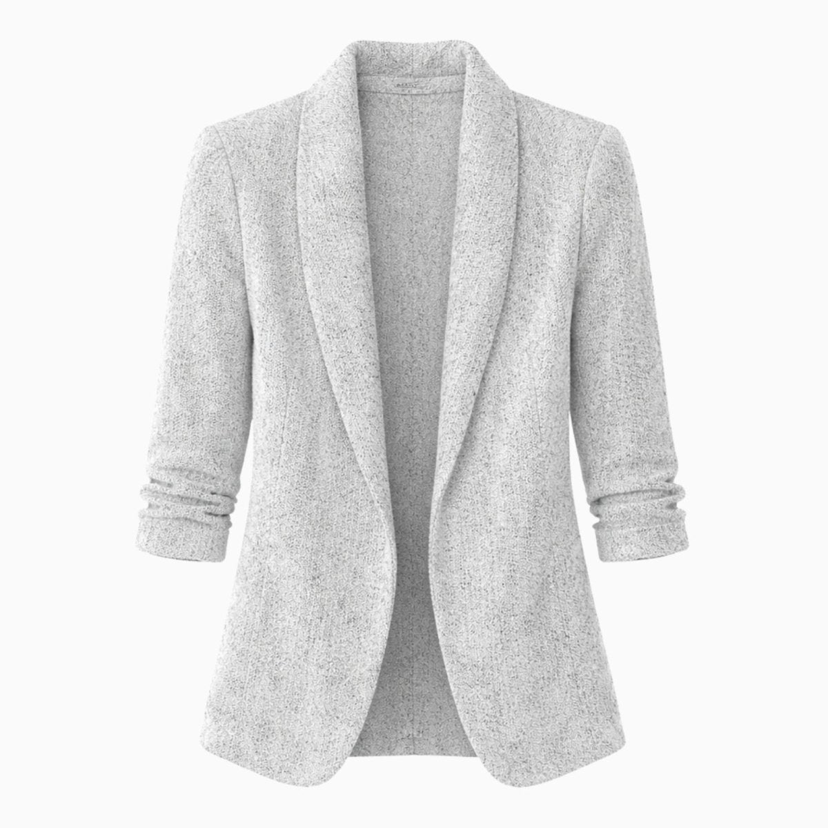 Front view of the light grey Kouvr Geraldine Knit Blazer laid flat, showing the open-front design and shawl collar.