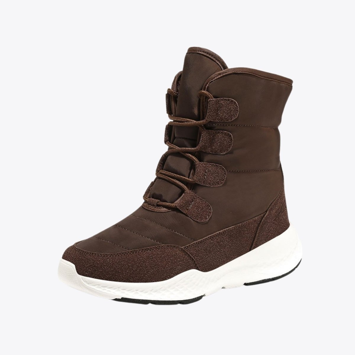 Studio product shot of the Kouvr Gianna insulated winter sneaker boot in chocolate brown on a white background.