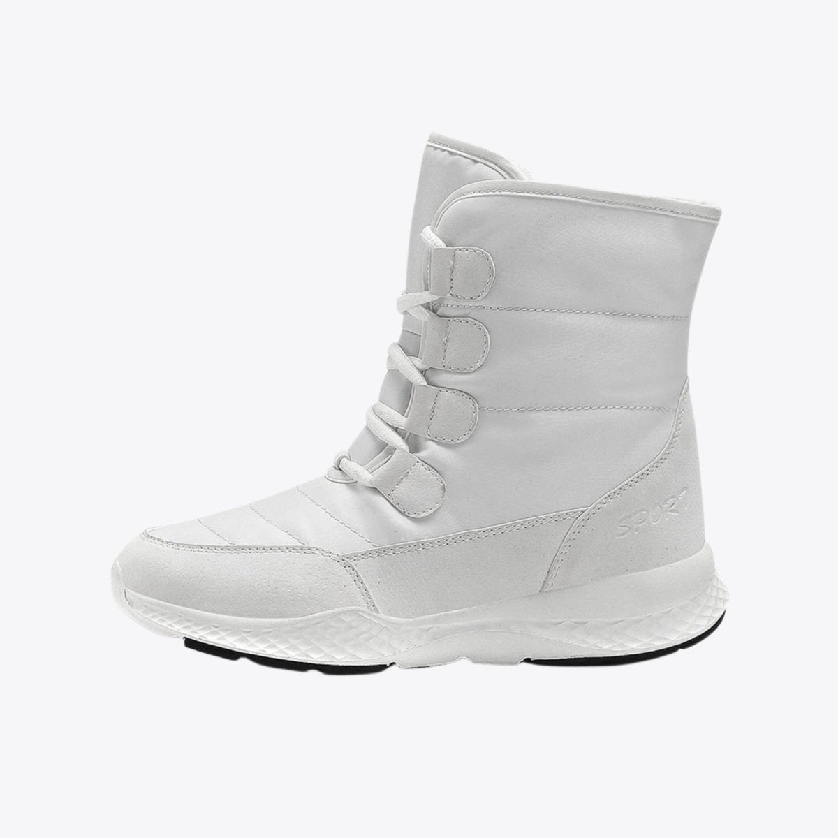 A single Kouvr Gianna white waterproof snow boot in a studio shot, displaying the sleek profile and textured non-slip sole.
 