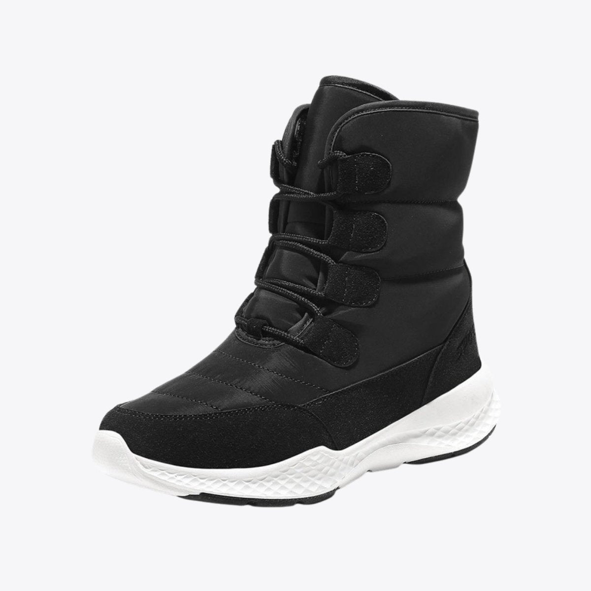 A studio product shot of the Kouvr Gianna women's black puffer snow boot on a white background, angled to show its design and materials.