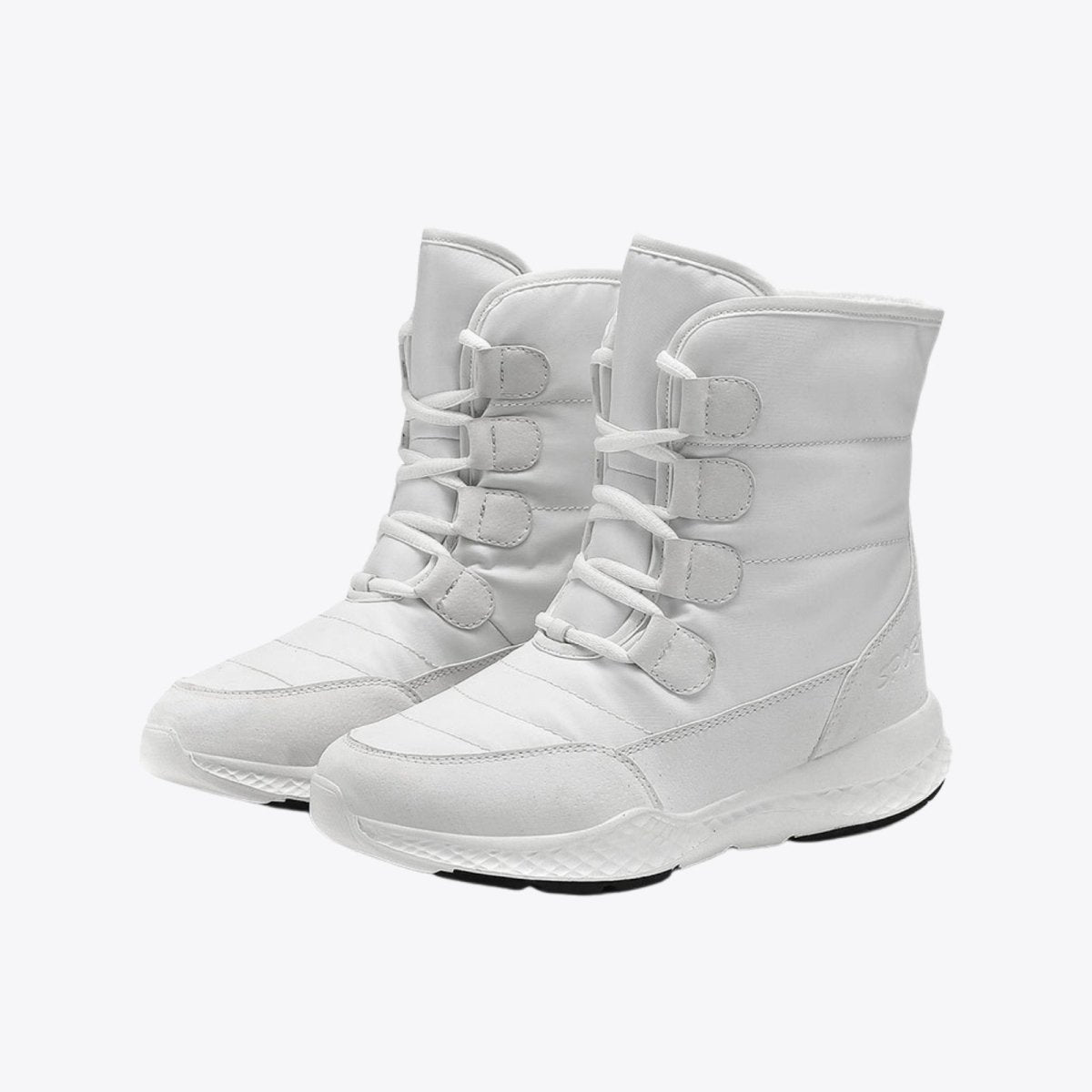 A pair of Kouvr Gianna women's luxury white snow boots on a white background, showcasing their stylish and contemporary design.