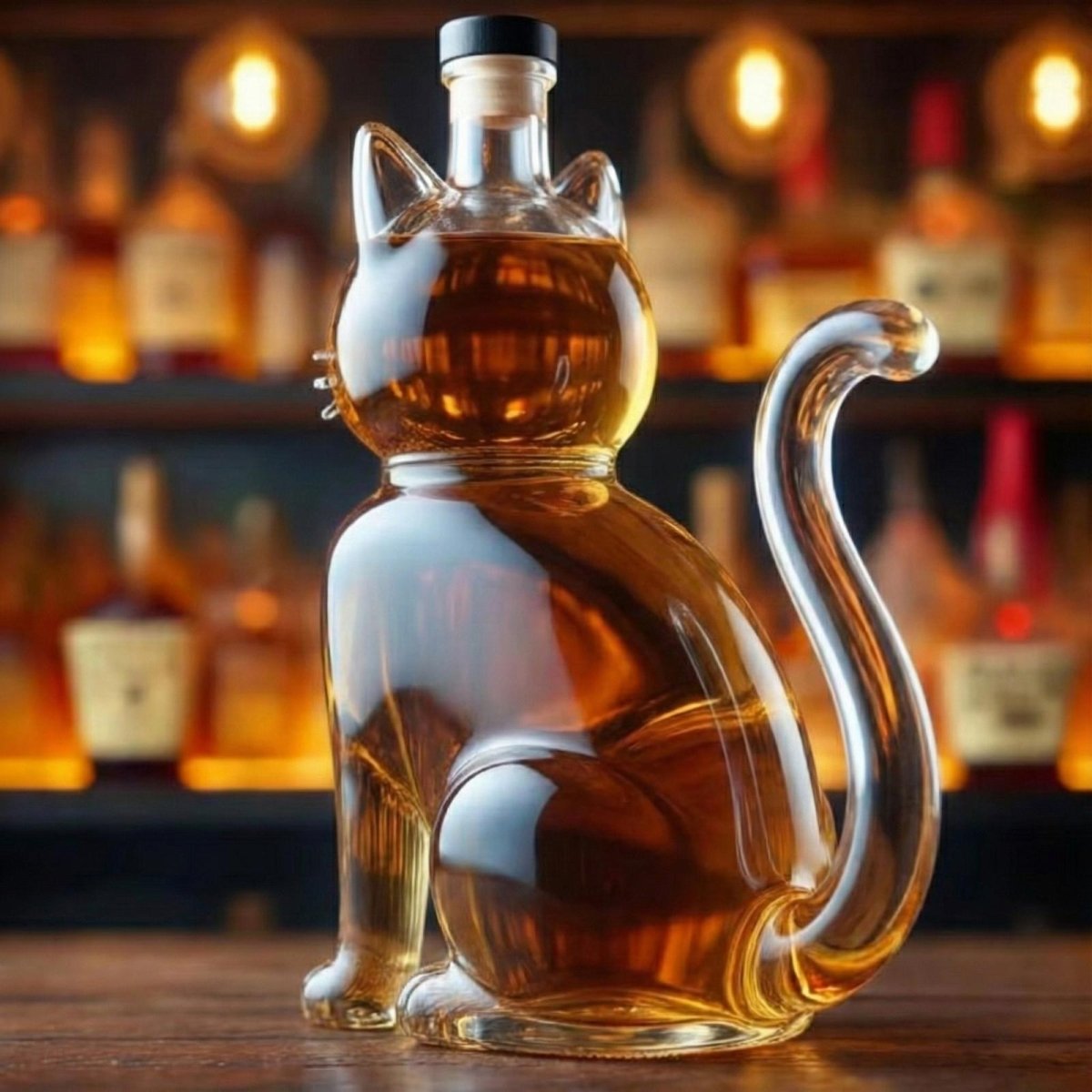 Full body view of the Kouvr glass cat shaped liquor decanter, a unique gift for whiskey and cat lovers.