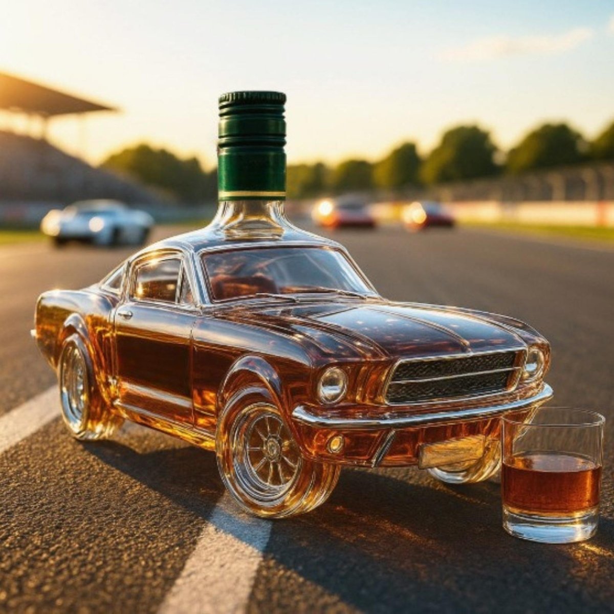 A handcrafted glass whiskey decanter in the shape of a classic Ford Mustang filled with bourbon, sitting on a racetrack with a whiskey glass nearby.