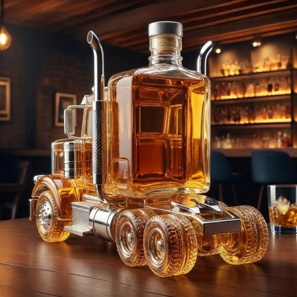 Side-angle view of the Kouvr glass semi-truck liquor decanter, showing the full length of the trailer and cab with six wheels on a polished wooden surface.