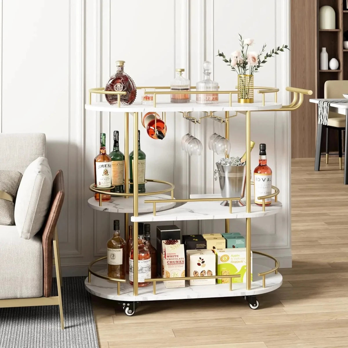 Vesper Rolling Bar Cart | Gold Marble Entertaining Station