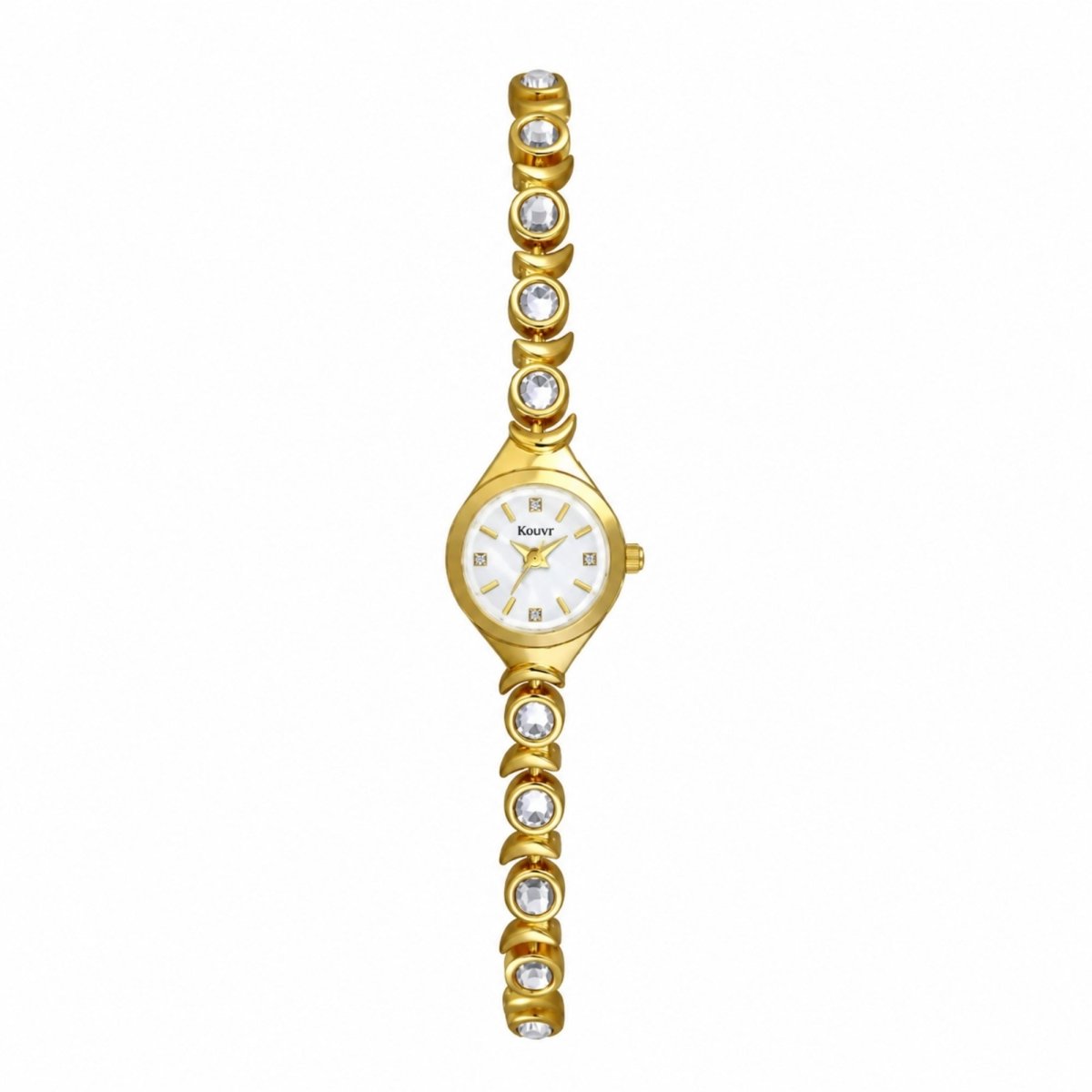 Close up flat lay of the Kouvr women's gold timepiece featuring crescent links and crystal accents.