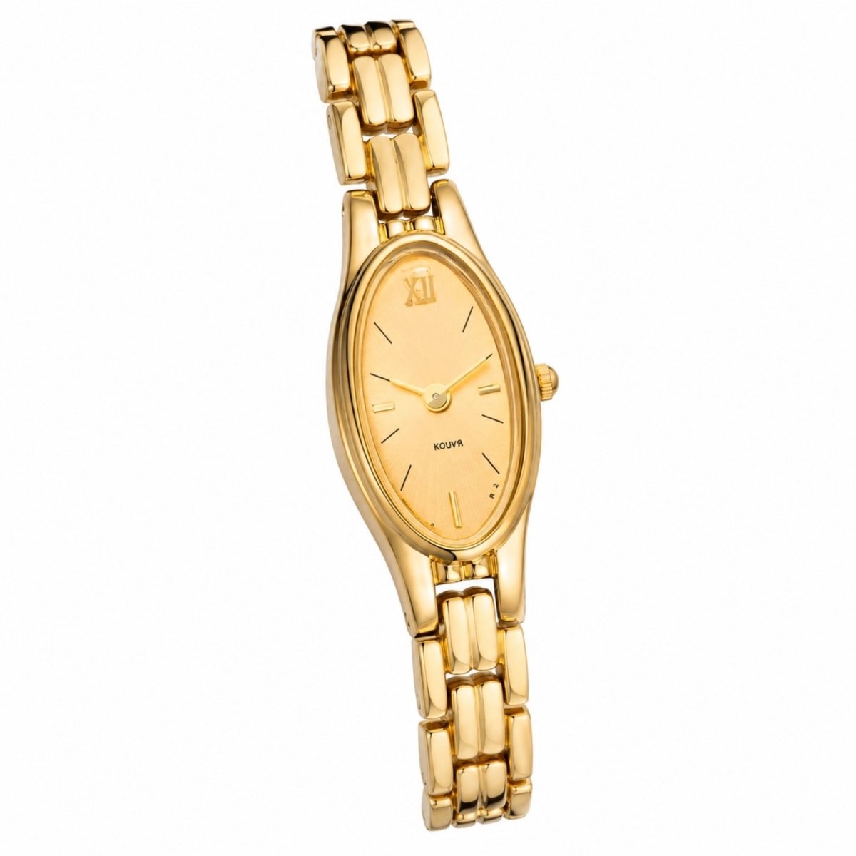 Angled view of the Kouvr small dial gold watch highlighting the polished interlocking stainless steel links.