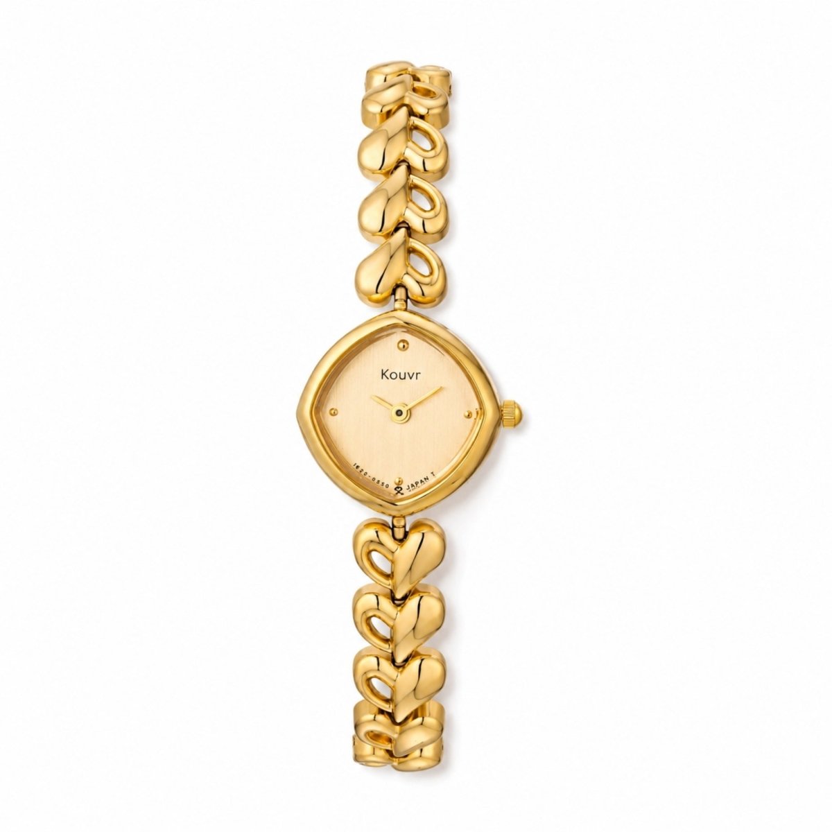 Flat lay studio shot of the Kouvr women's gold watch showcasing the vintage diamond-shaped case, minimalist dial, and interlocking heart-shaped links.