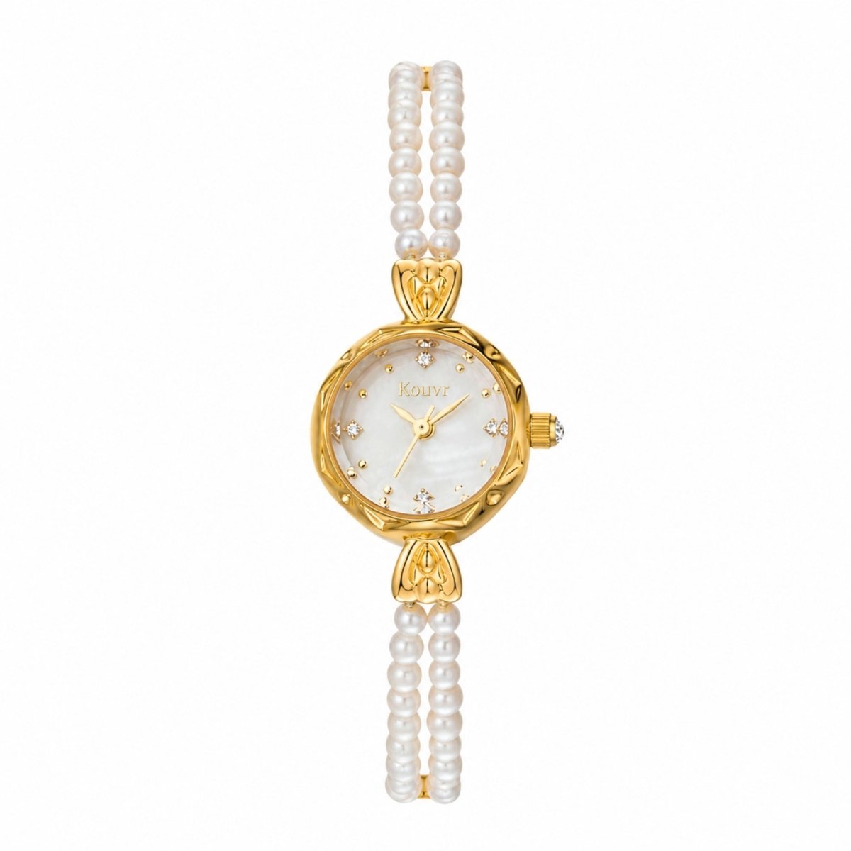 Front flat lay view of the Kouvr gold watch featuring a mother of pearl dial, AAA cubic zirconia hour markers, and a delicate pearl bracelet.