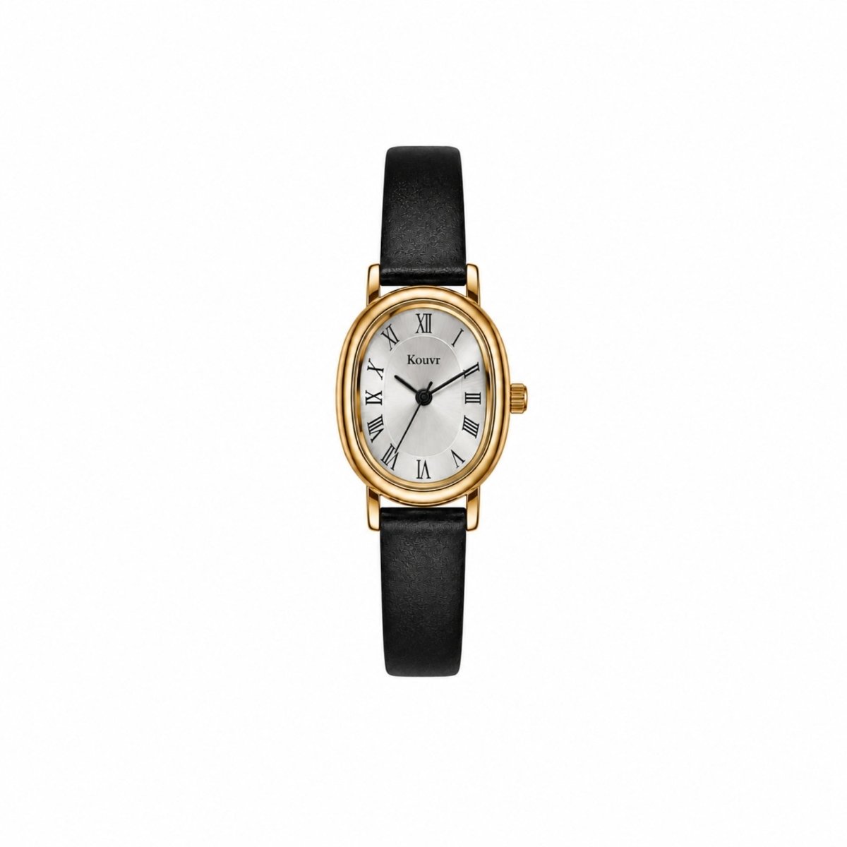 Detailed studio view of Kouvr women's gold oval watch featuring white analog dial, black Roman numerals, and genuine leather strap