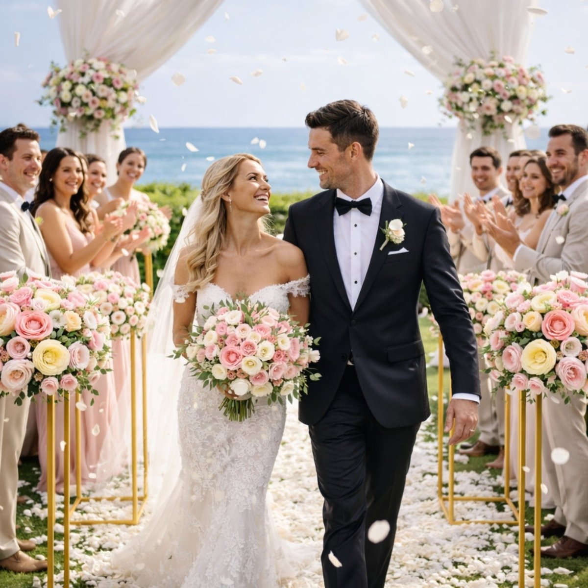 A bride and groom walk down a petal-strewn wedding aisle lined with tall gold pedestal stands topped with lush pink and yellow rose bouquets, with an ocean view in the background.