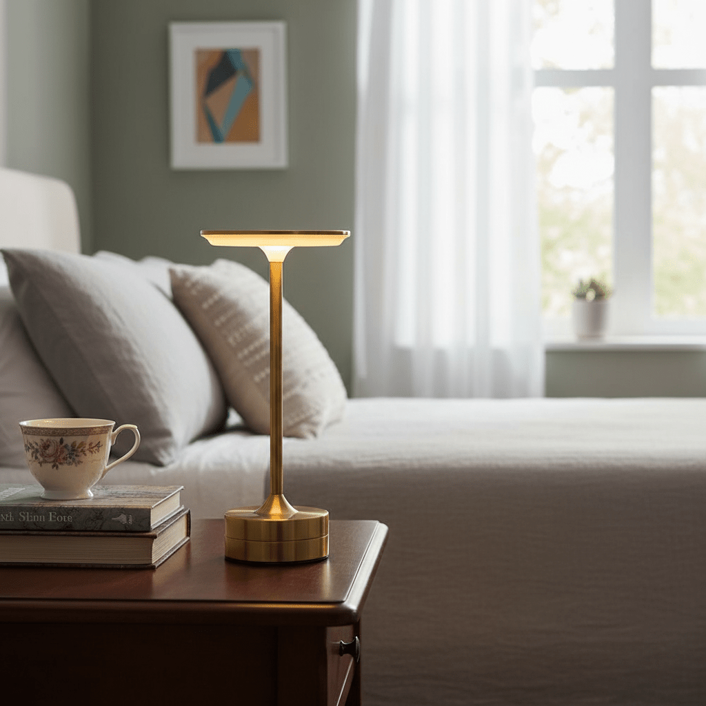 gold minimalist rechargeable table lamp with 3 color LED light by bedside
