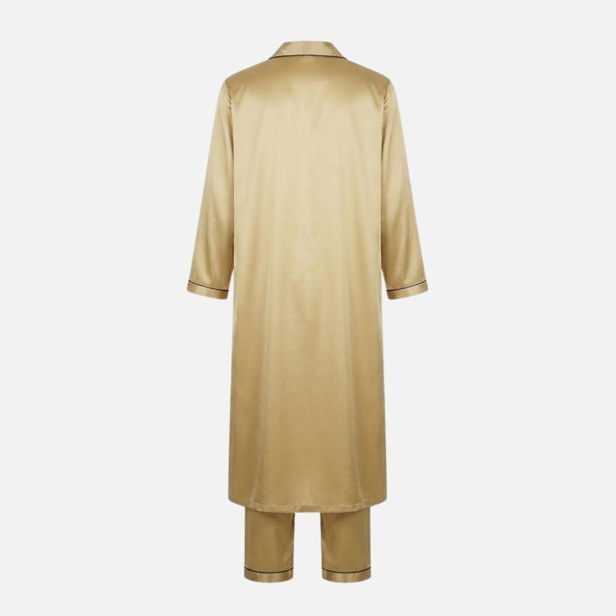 Product flat lay showing the back of the Kouvr men's gold satin robe and pajama trousers, highlighting the craftsmanship and fabric sheen.