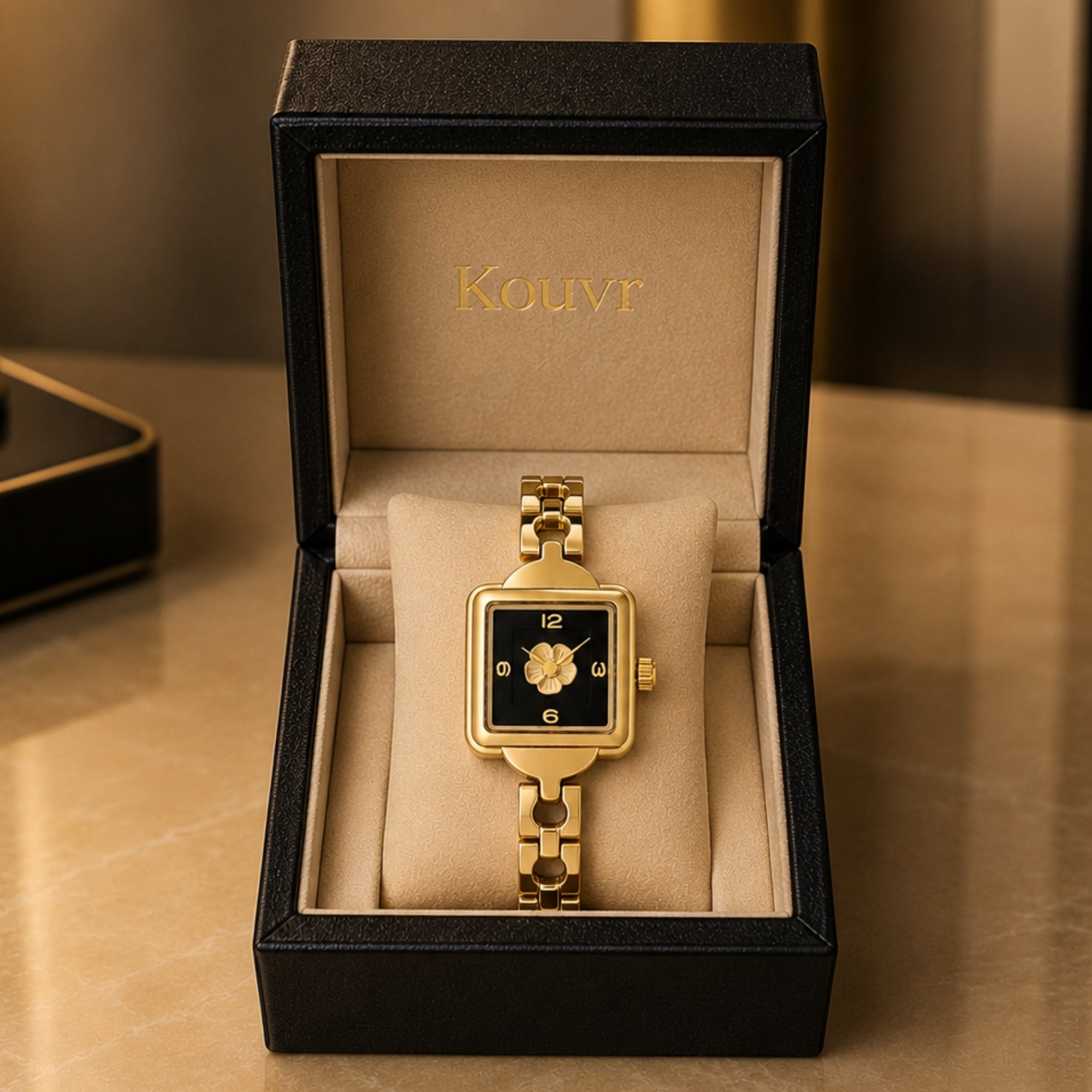 Kouvr gold square vintage watch for women with black floral dial displayed in a luxury black velvet presentation box