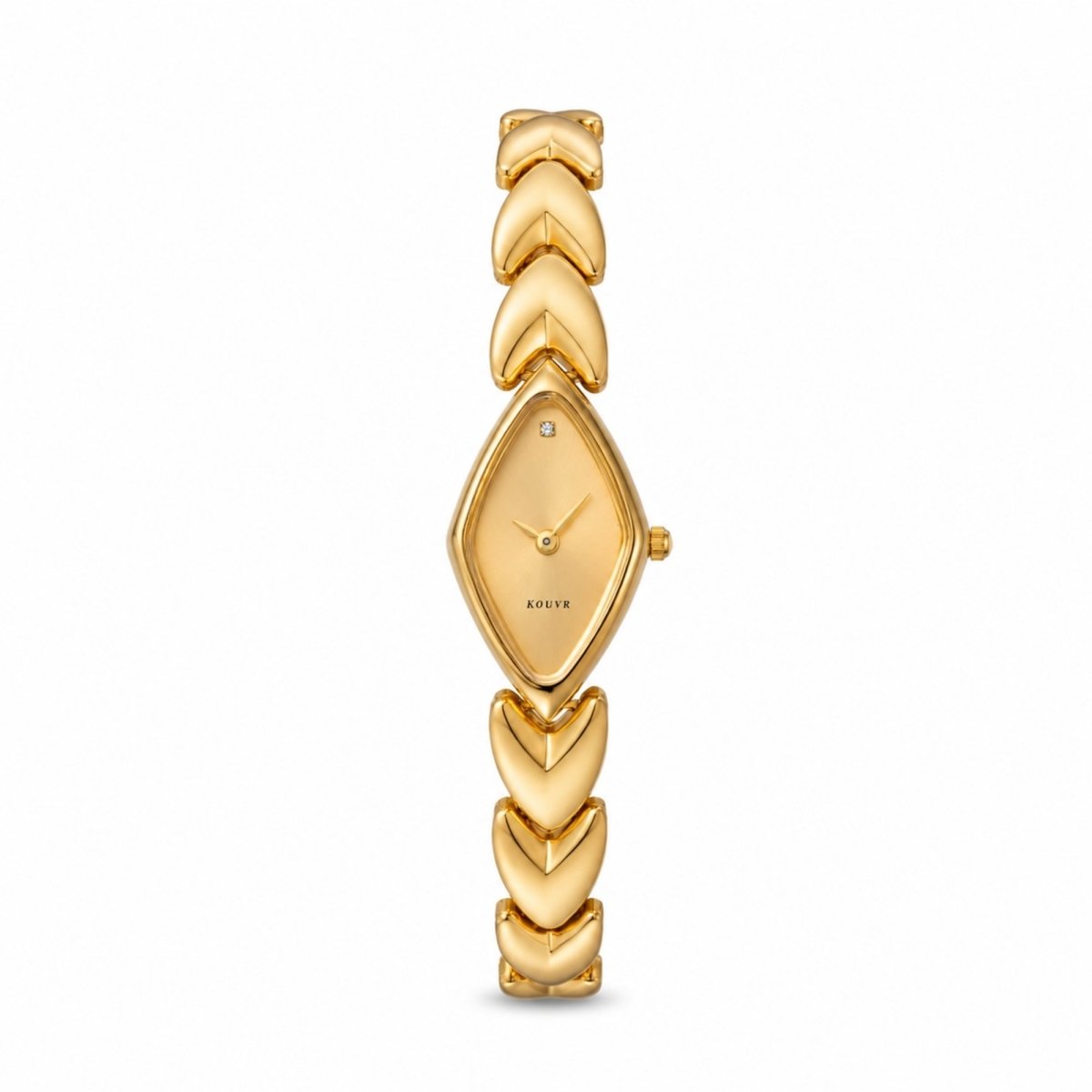 Straight front view of the Kouvr women's gold watch featuring a unique diamond shaped minimalist dial and chevron heart link bracelet