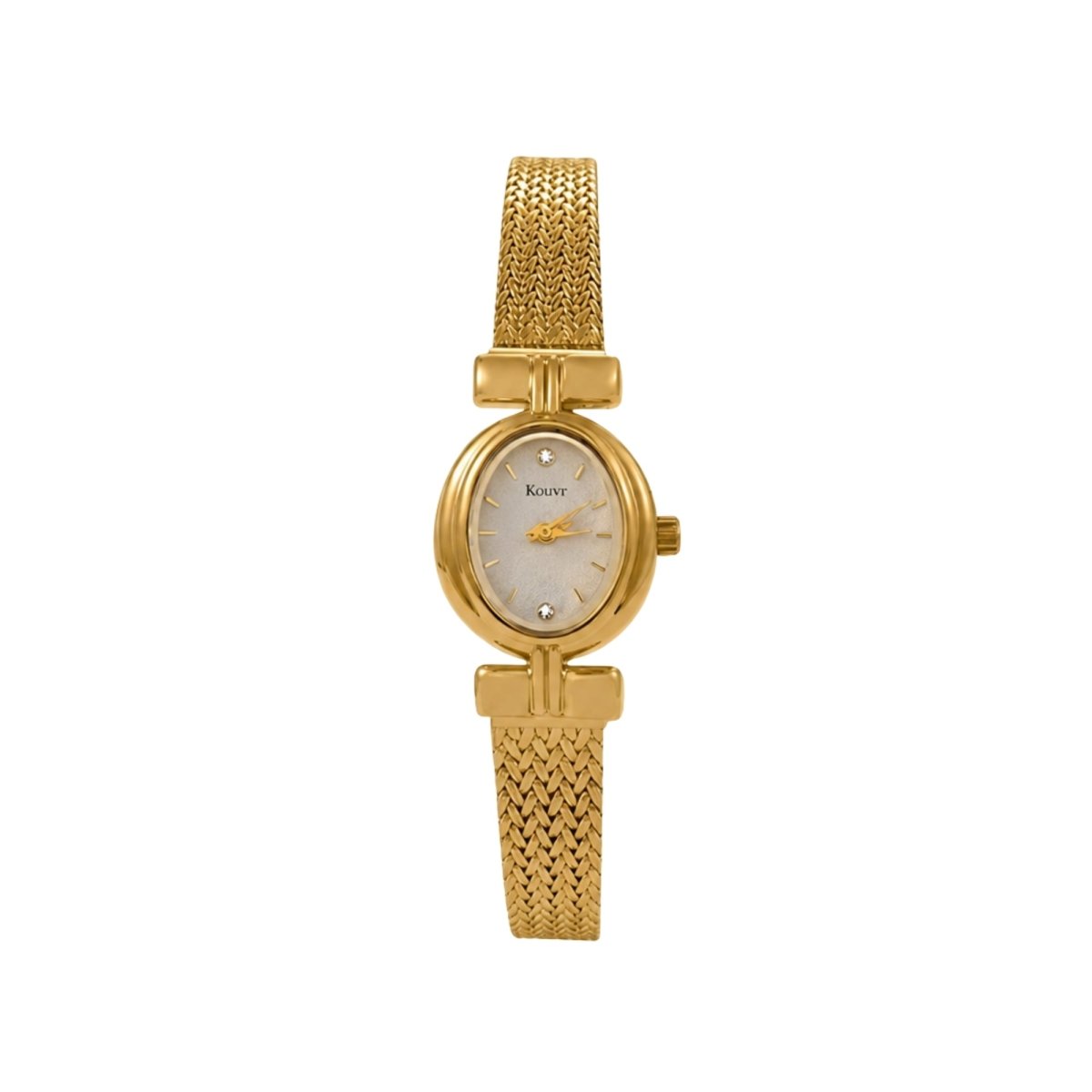 Close up studio shot of Kouvr gold women's vintage style watch featuring crystal dial accents and woven metal band