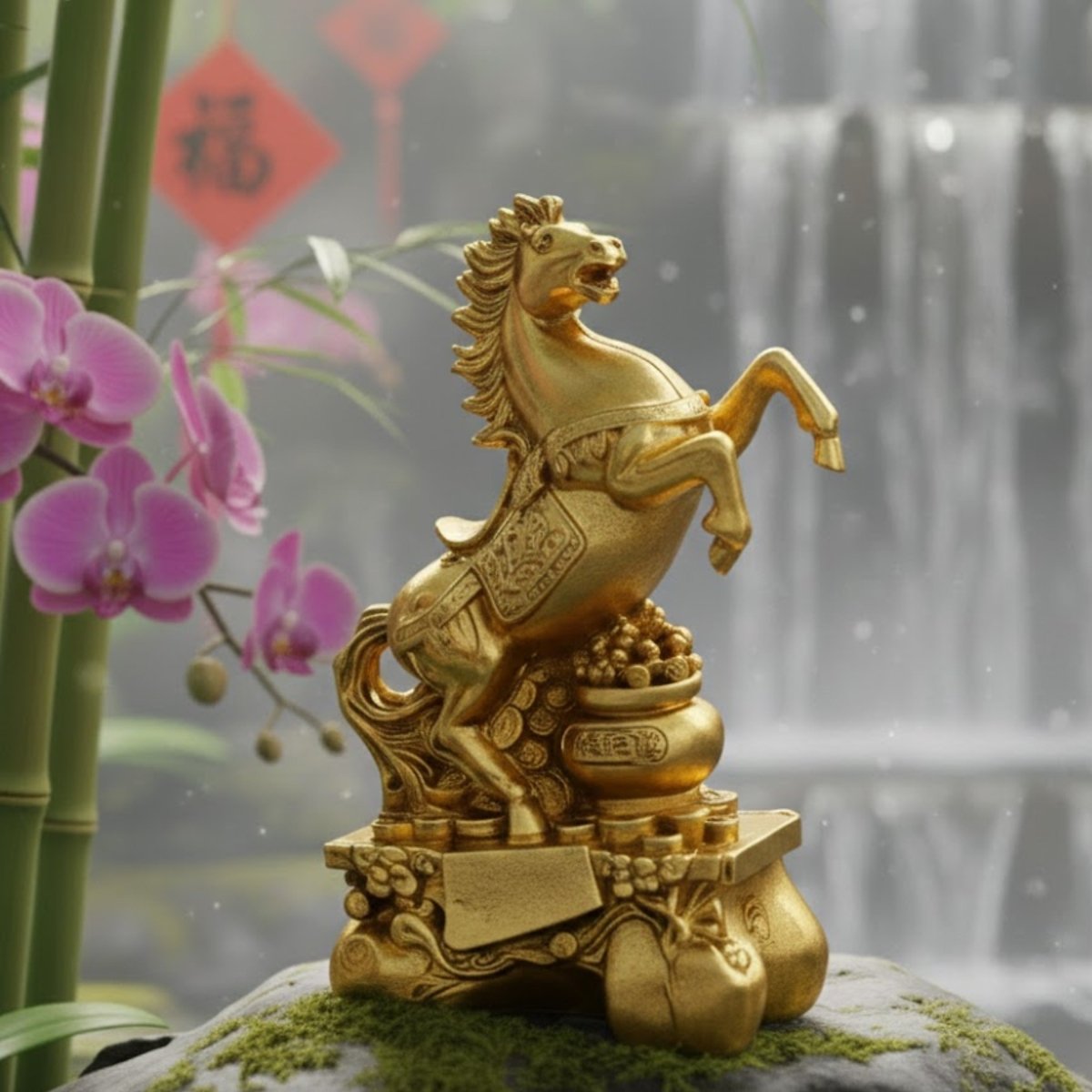 Kouvr's golden Feng Shui horse statue for success, displayed on a mossy rock in front of a tranquil waterfall with bamboo and orchids.