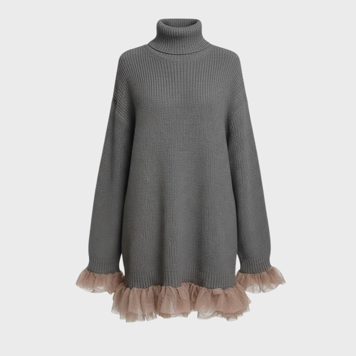 Flatlay of the Kouvr Graceila grey turtleneck sweater dress, front view showing the ribbed knit texture and tulle trim.