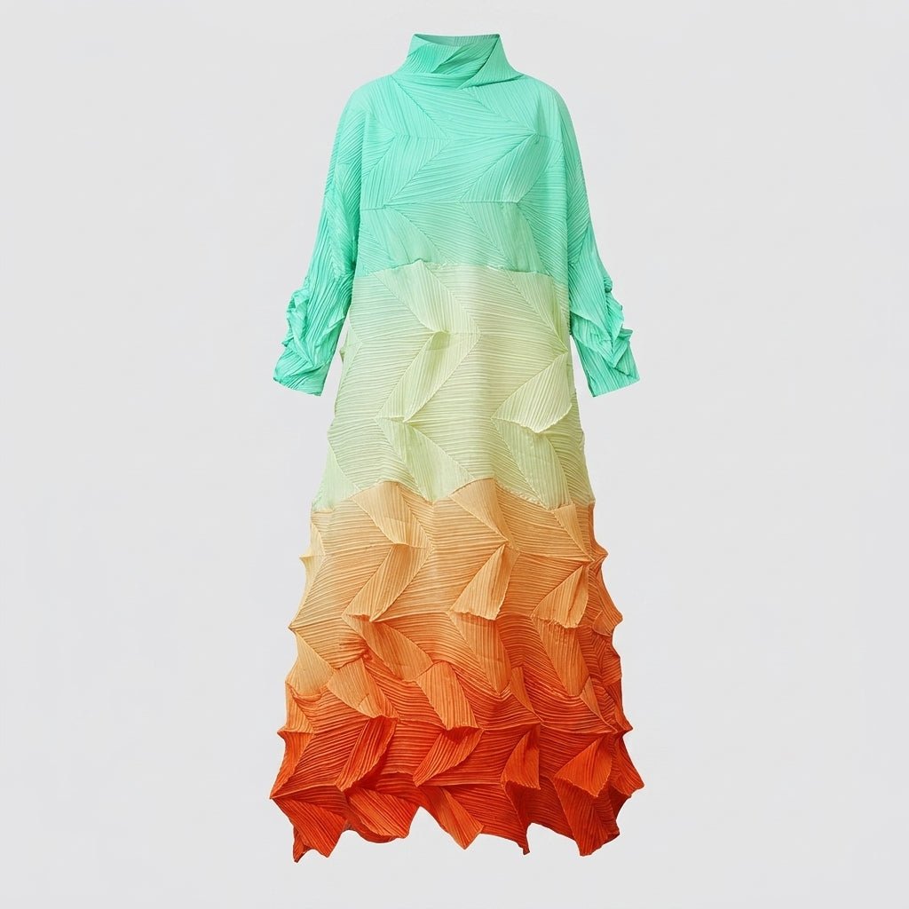 Ghost mannequin front view of the architectural 3D pleated sunset gradient maxi dress by Kouvr.